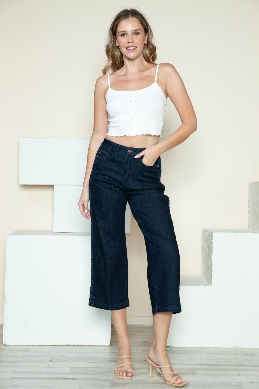 Judy Blue Full Size Side Seam Braid Detail Crop Wide Leg Jeans - Clothes For Her Online Store