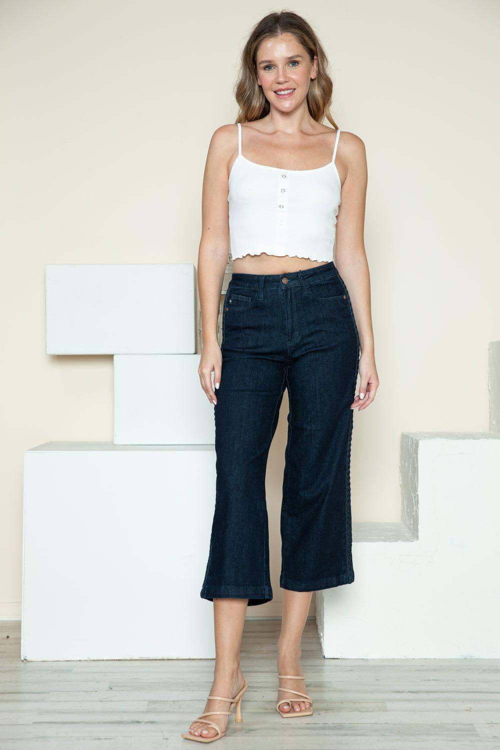 Judy Blue Full Size Side Seam Braid Detail Crop Wide Leg Jeans - Clothes For Her Online Store