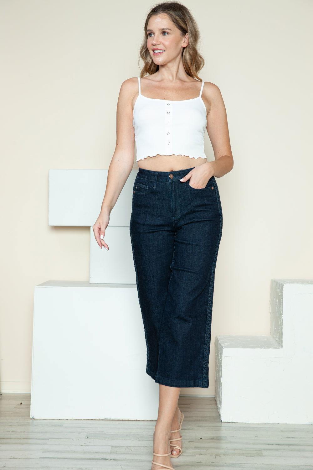 Judy Blue Full Size Side Seam Braid Detail Crop Wide Leg Jeans - Clothes For Her Online Store
