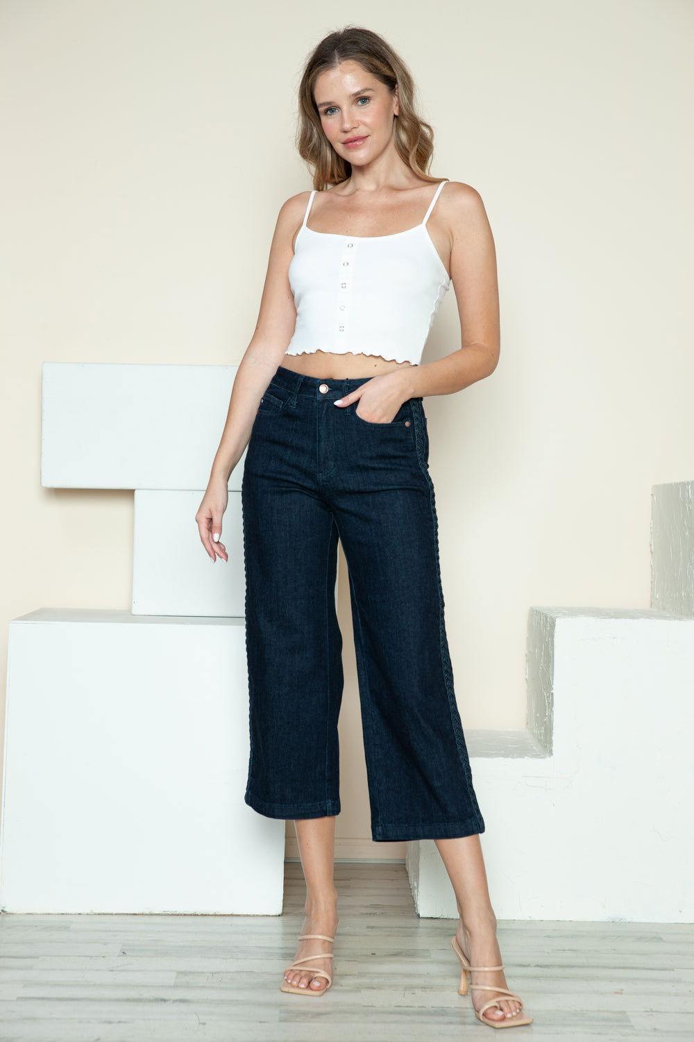 Judy Blue Full Size Side Seam Braid Detail Crop Wide Leg Jeans - Clothes For Her Online Store