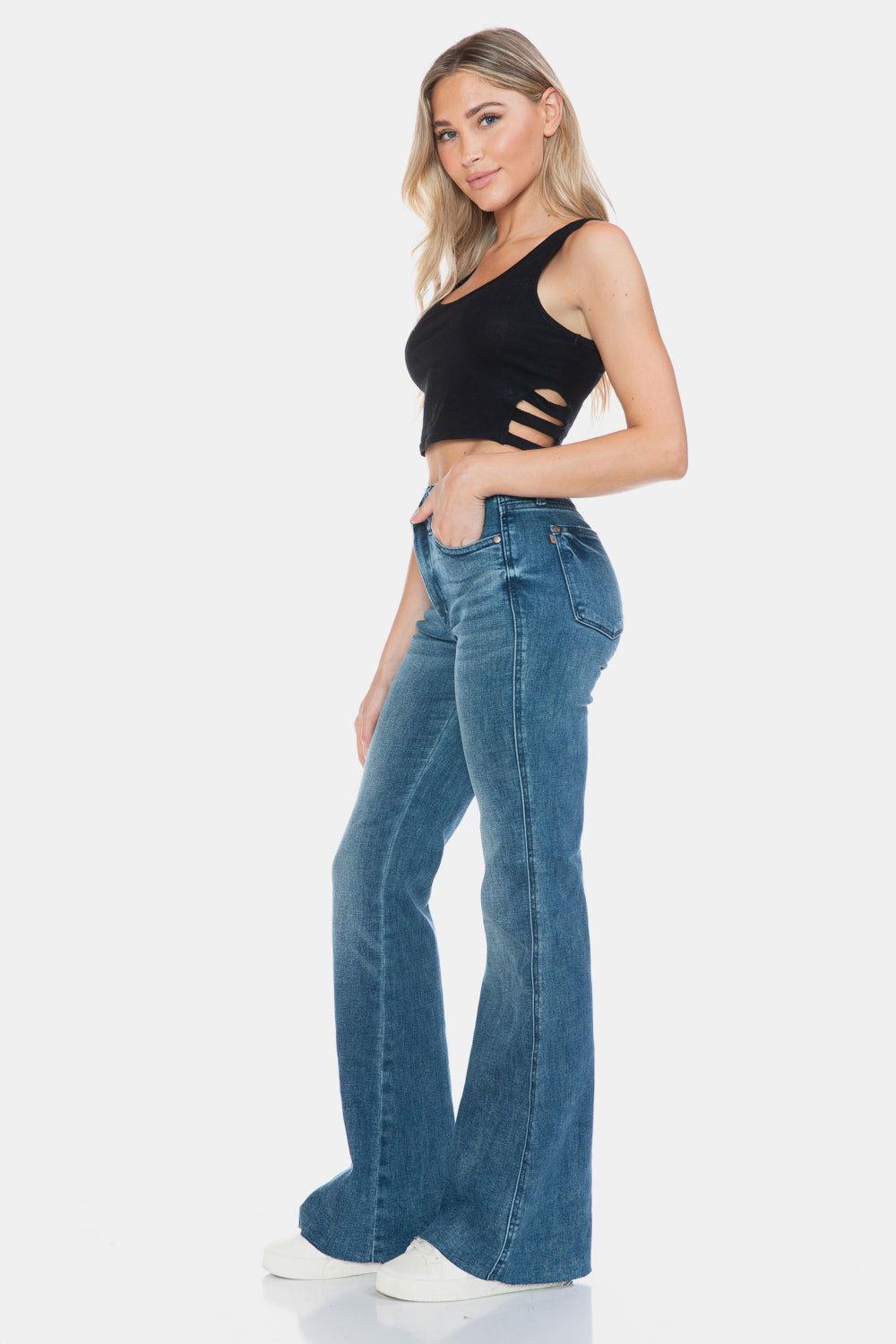 Judy Blue Full Size Tummy Control Cut Hem Flare Jeans - Clothes For Her Online Store
