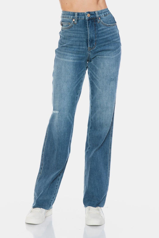 Judy Blue Full Size Tummy Control Cut Raw Hem Straight Jeans - Clothes For Her Online Store