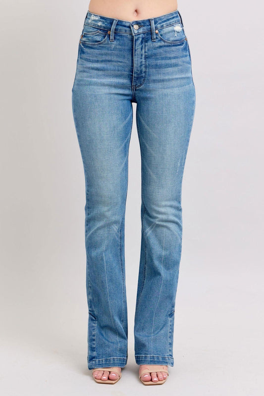 Judy Blue HW Tummy Control Vintage Wash Side Slit Slim Boot Jeans - Clothes For Her Online Store