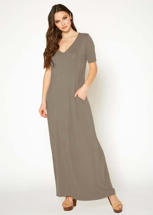 V-neck Short Sleeve Maxi Dress With Pockets