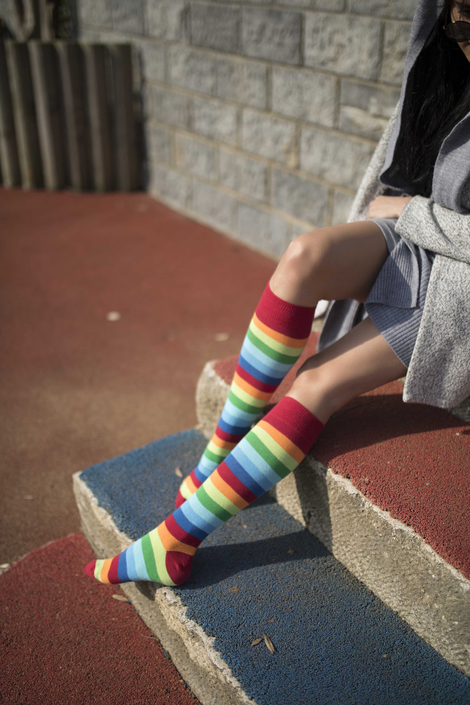 Women's Red Rainbow Stripe Knee High Socks