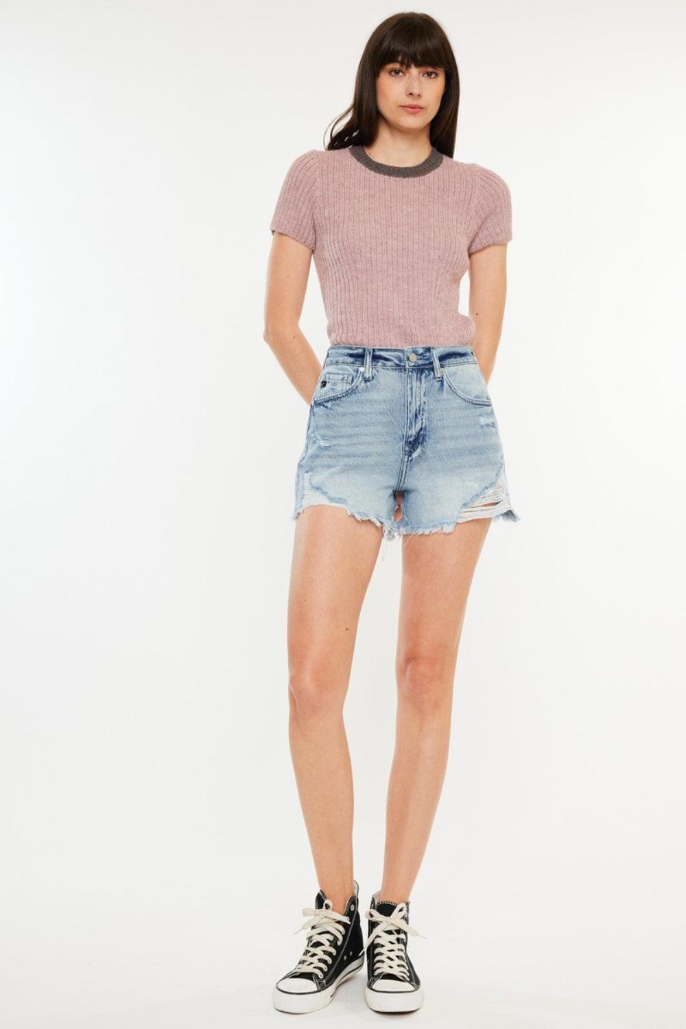 Kancan Distressed High Waist Denim Shorts with Pockets - Clothes For Her Online Store