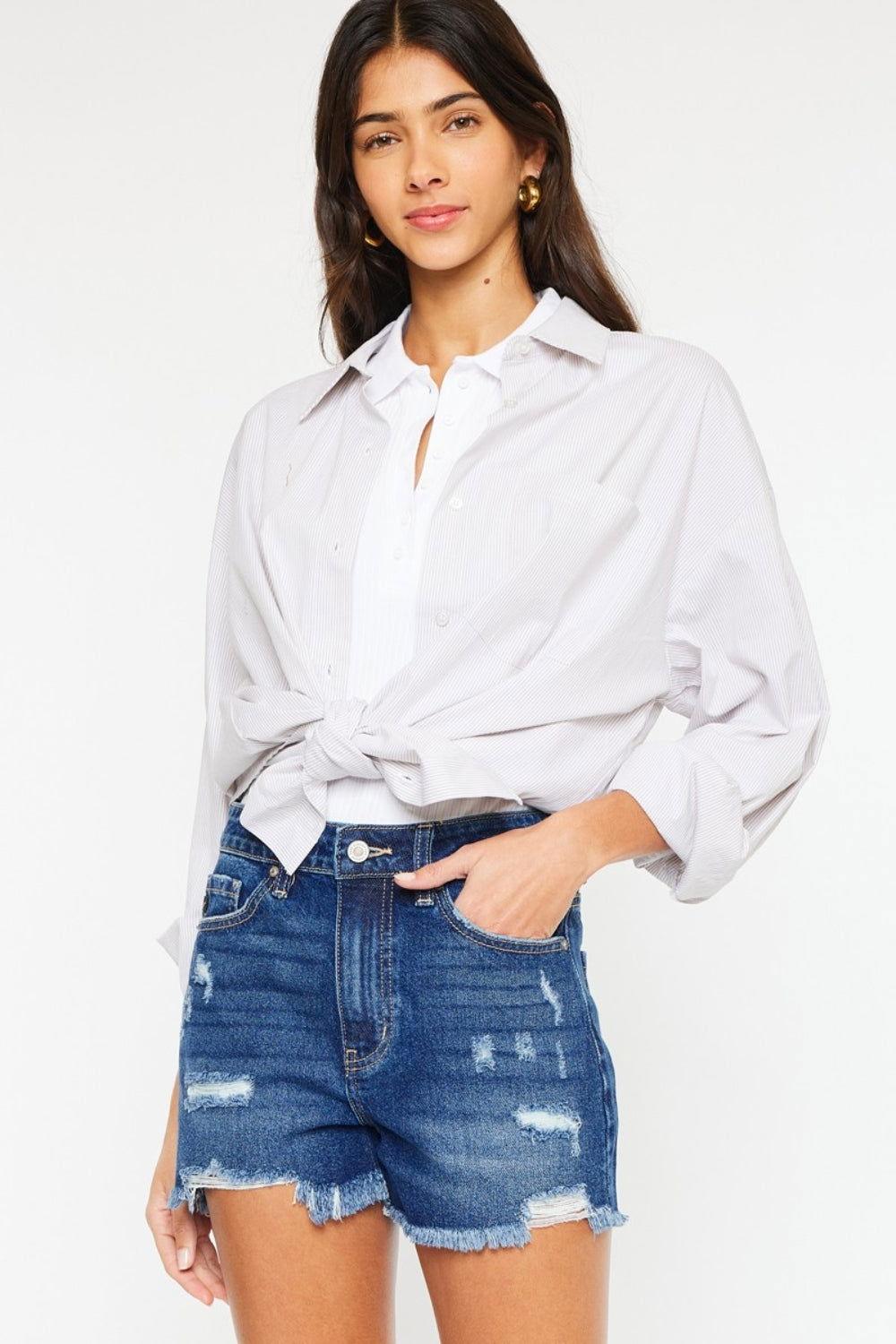 Kancan High Rise Frayed Hem Denim Shorts - Clothes For Her Online Store