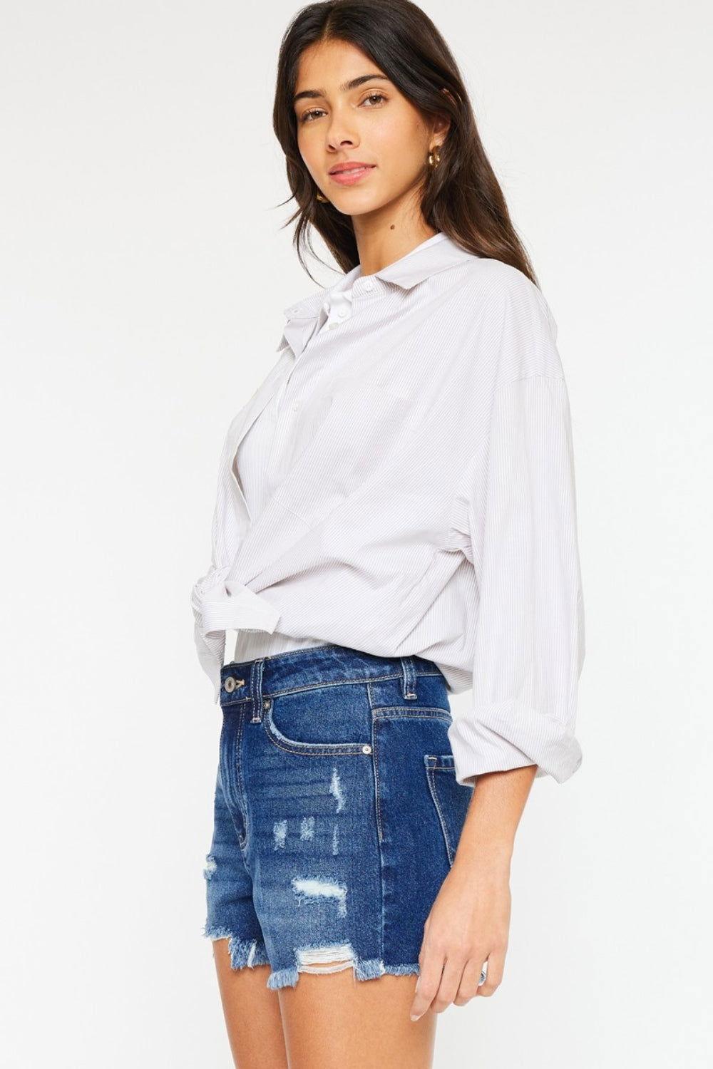 Kancan High Rise Frayed Hem Denim Shorts - Clothes For Her Online Store