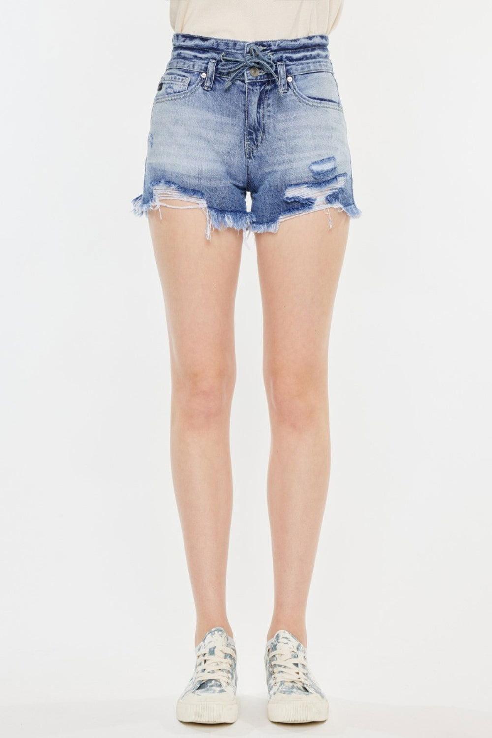 Kancan High Rise Frayed Hem Denim Shorts - Clothes For Her Online Store
