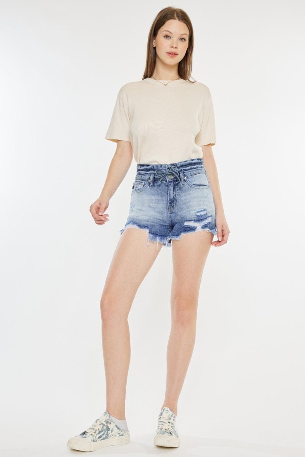 Kancan High Rise Frayed Hem Denim Shorts - Clothes For Her Online Store