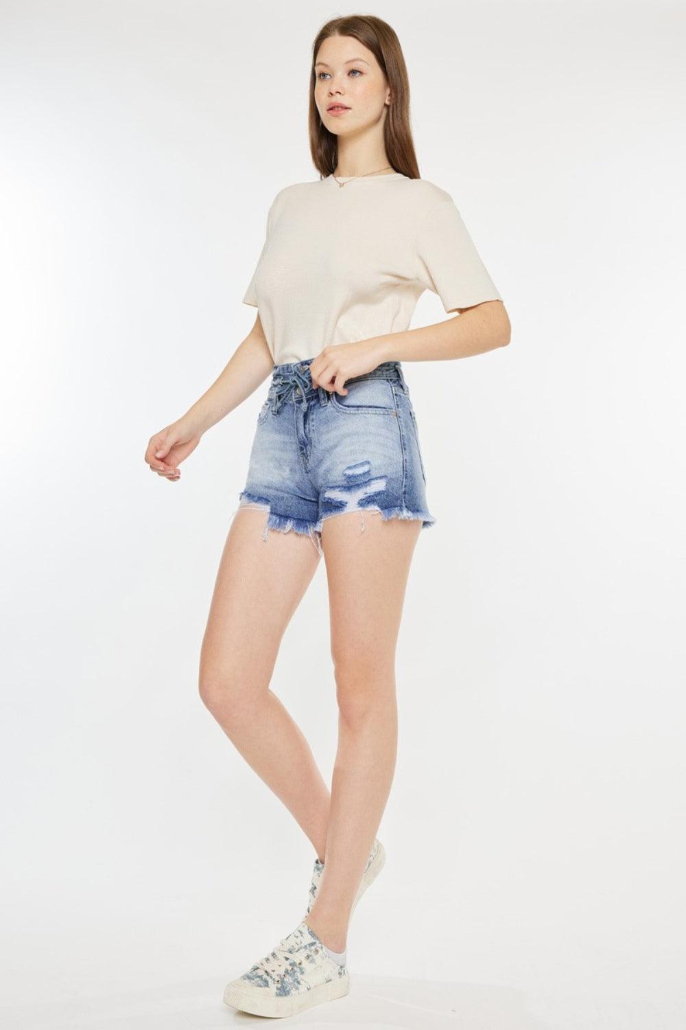 Kancan High Rise Frayed Hem Denim Shorts - Clothes For Her Online Store