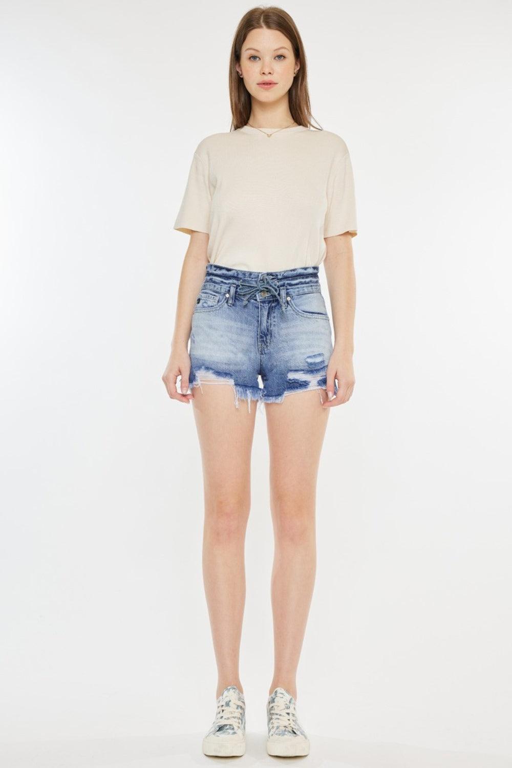 Kancan High Rise Frayed Hem Denim Shorts - Clothes For Her Online Store