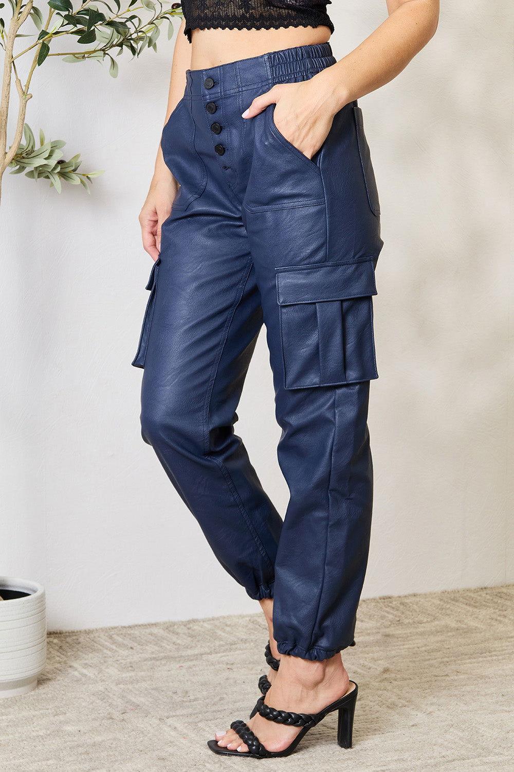 Kancan High Waist Faux Leather Cargo Joggers - Clothes For Her Online Store