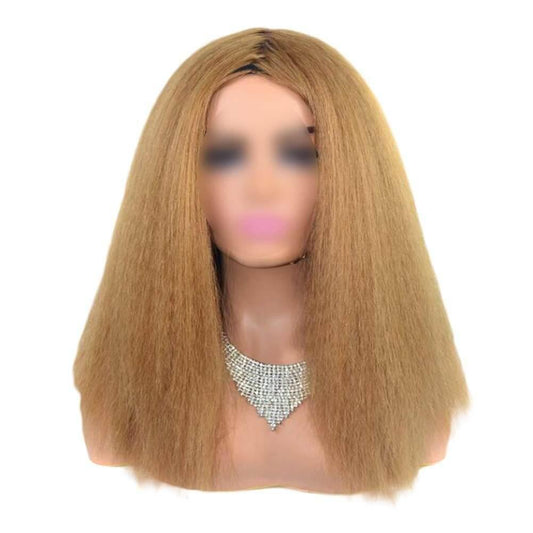 Khaki Afro Straight Bob Wigs Fluffy Synthetic Hair Yaki Straight Curly Medium Part Bang Full Wigs, 14Inch - Clothes For Her Online Store