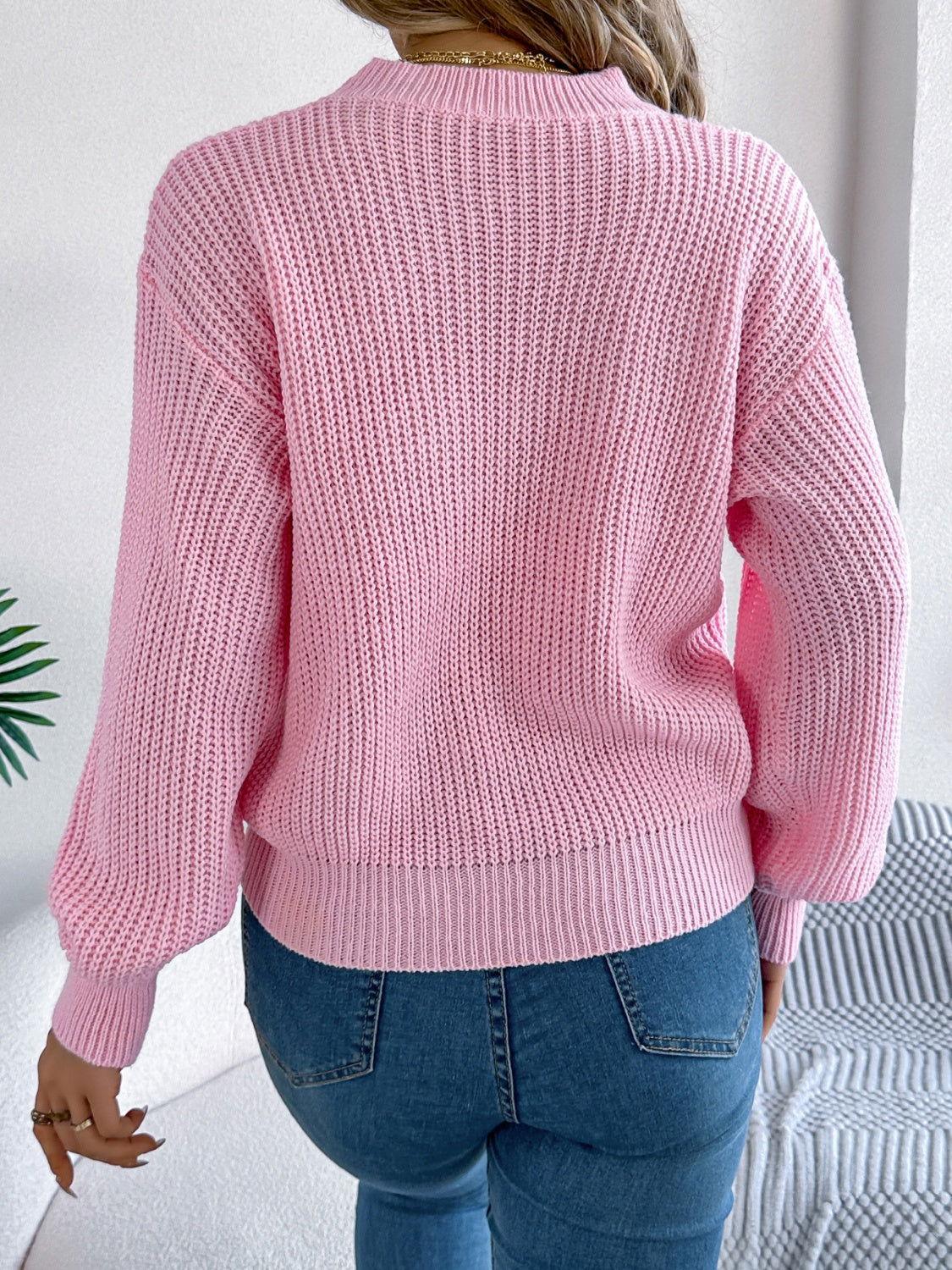 LOVE Heart Round Neck Dropped Shoulder Sweater - Clothes For Her Online Store