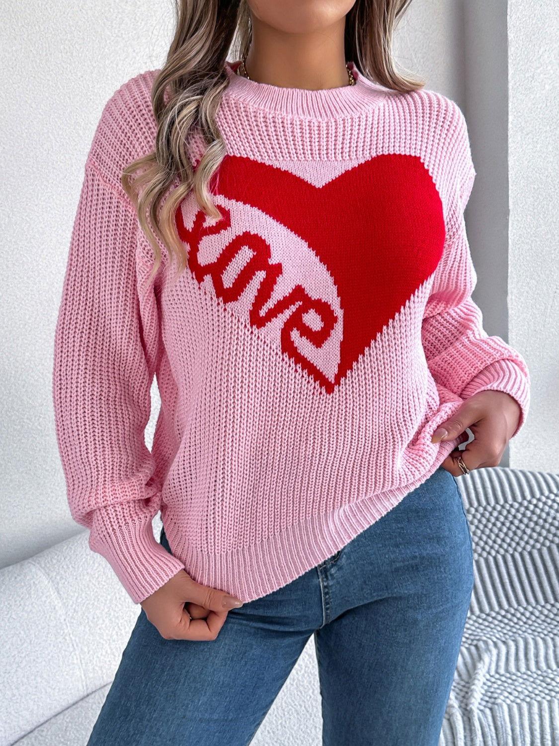 LOVE Heart Round Neck Dropped Shoulder Sweater - Clothes For Her Online Store