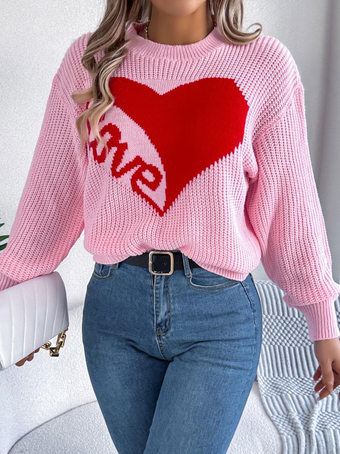LOVE Heart Round Neck Dropped Shoulder Sweater - Clothes For Her Online Store