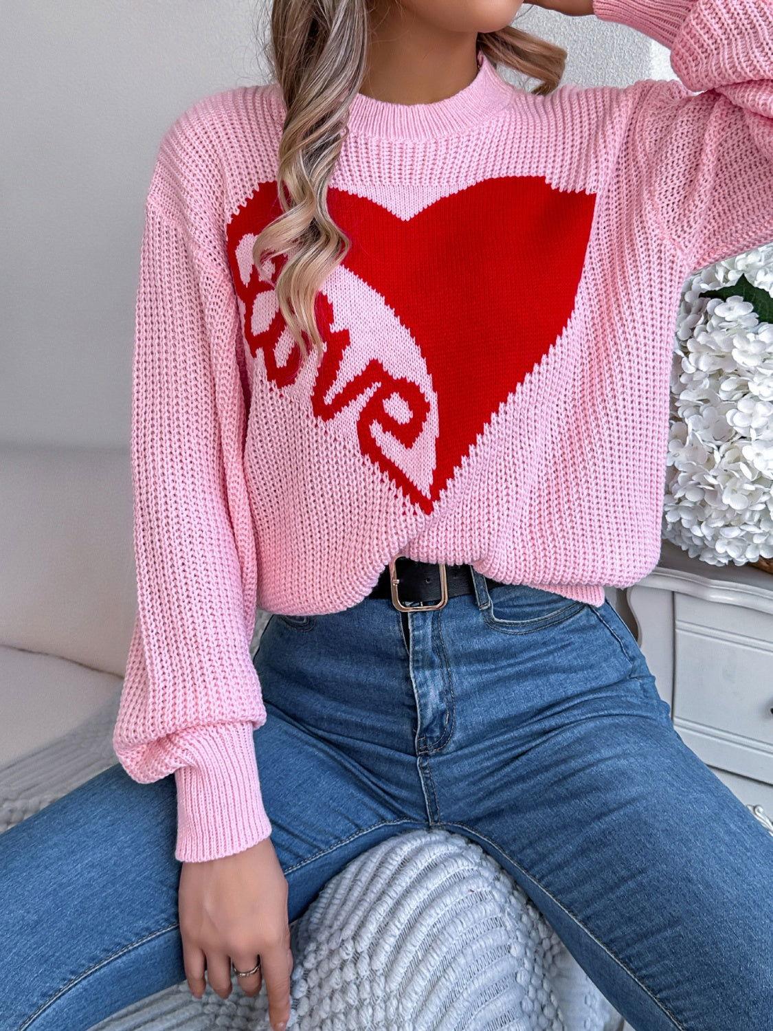 LOVE Heart Round Neck Dropped Shoulder Sweater - Clothes For Her Online Store