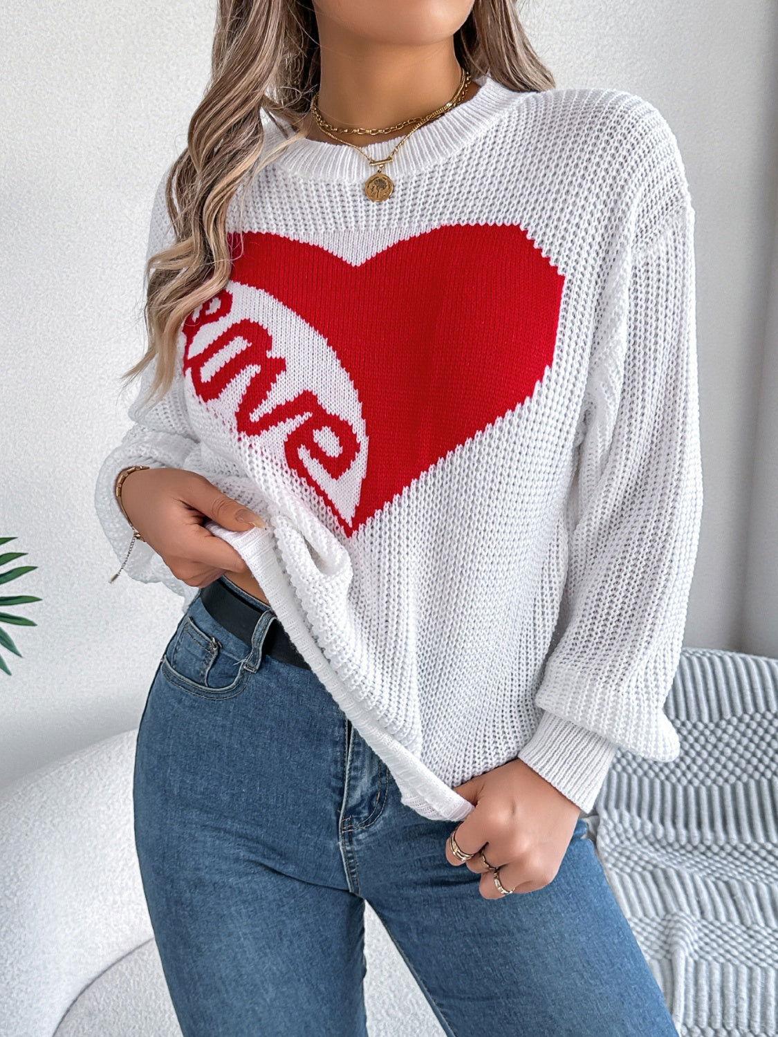 LOVE Heart Round Neck Dropped Shoulder Sweater - Clothes For Her Online Store