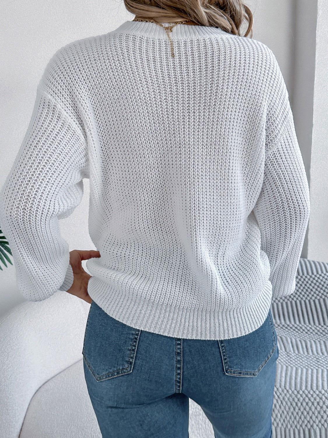 LOVE Heart Round Neck Dropped Shoulder Sweater - Clothes For Her Online Store