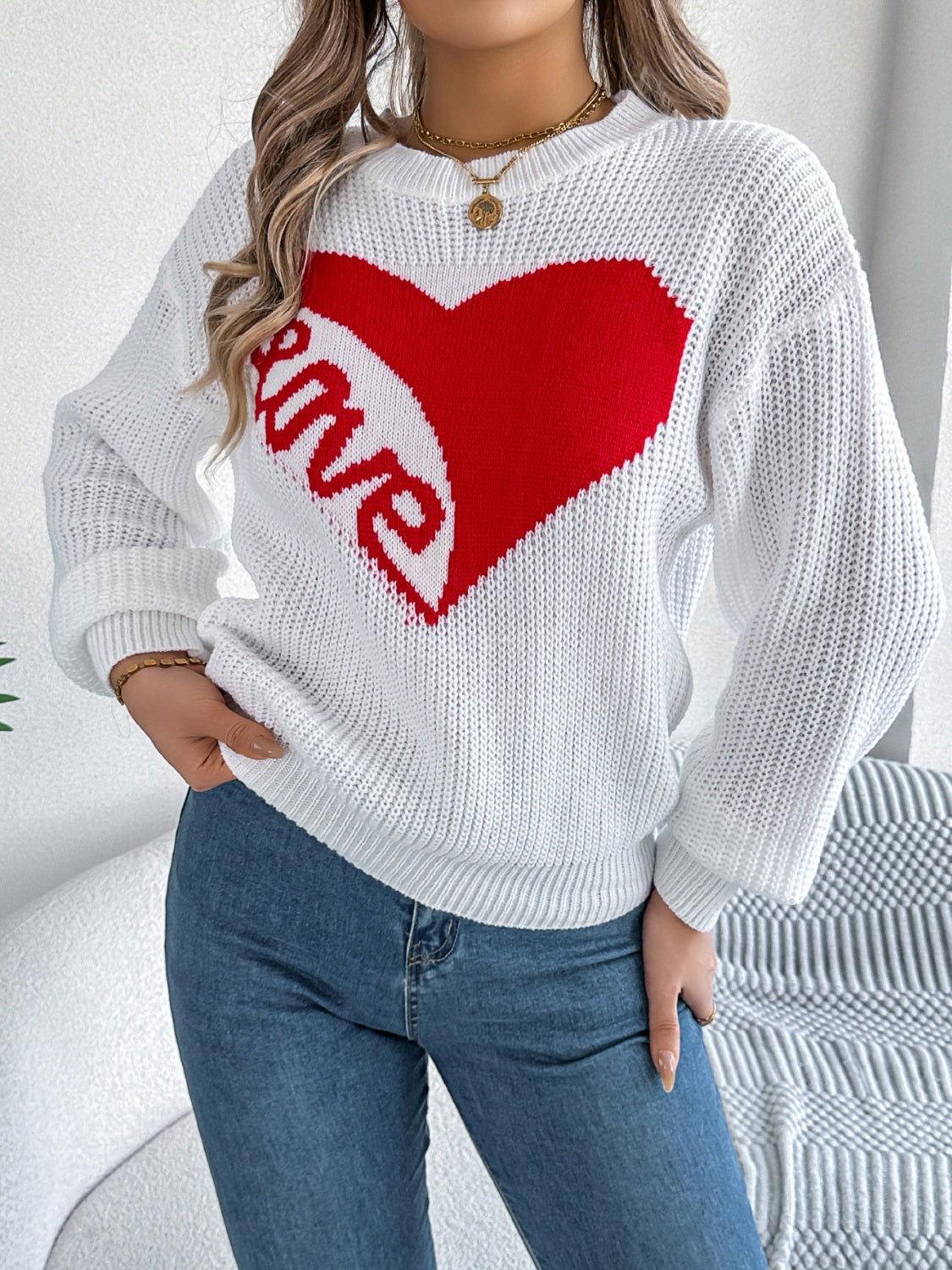LOVE Heart Round Neck Dropped Shoulder Sweater - Clothes For Her Online Store