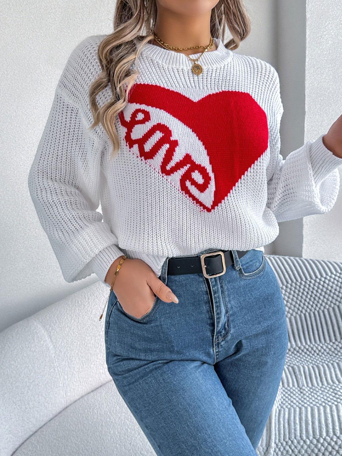 LOVE Heart Round Neck Dropped Shoulder Sweater - Clothes For Her Online Store