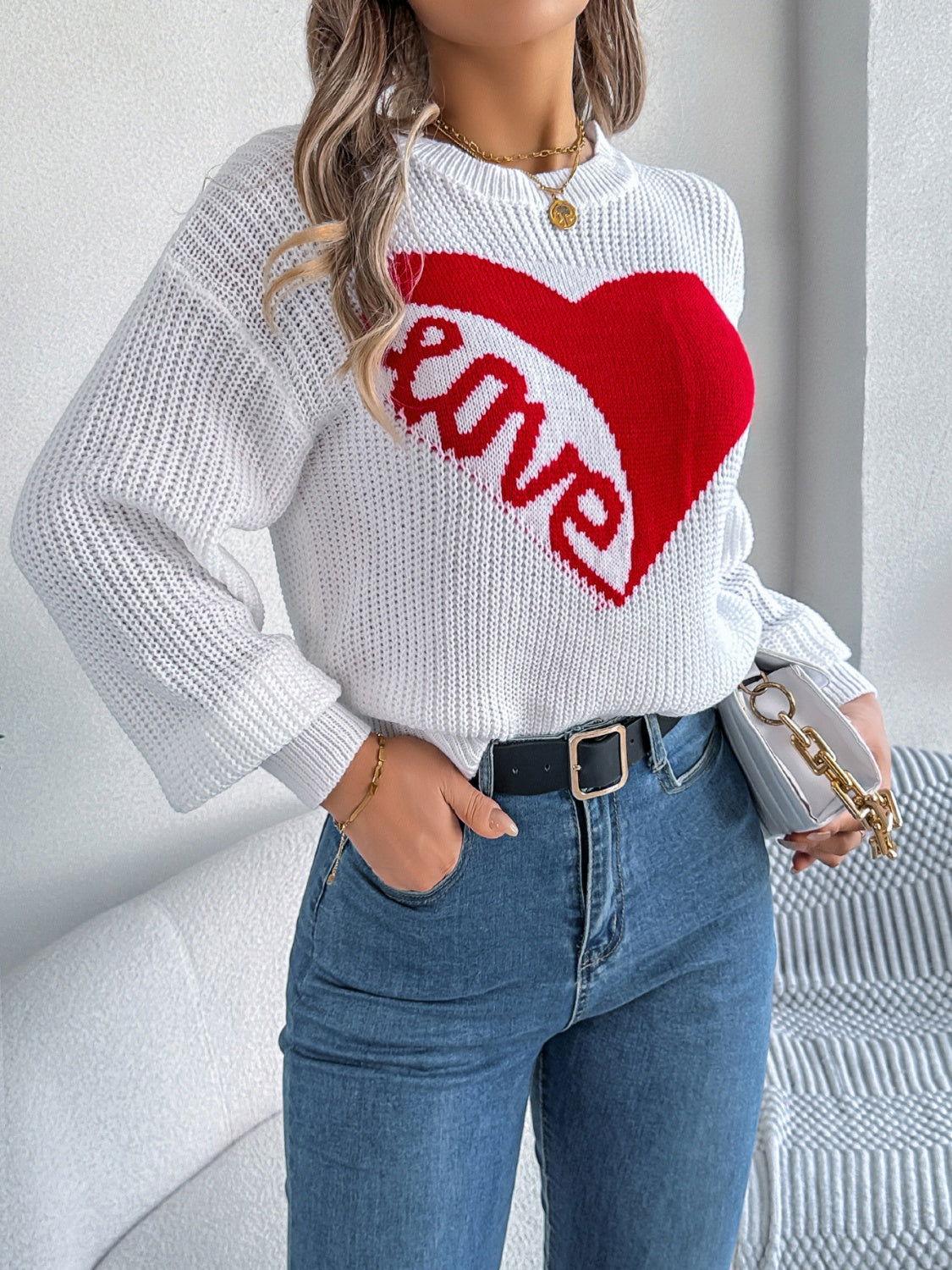 LOVE Heart Round Neck Dropped Shoulder Sweater - Clothes For Her Online Store