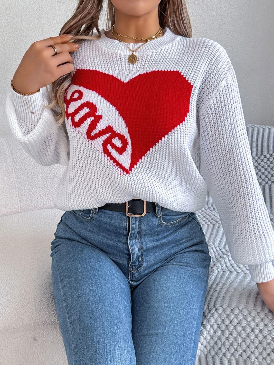 LOVE Heart Round Neck Dropped Shoulder Sweater - Clothes For Her Online Store