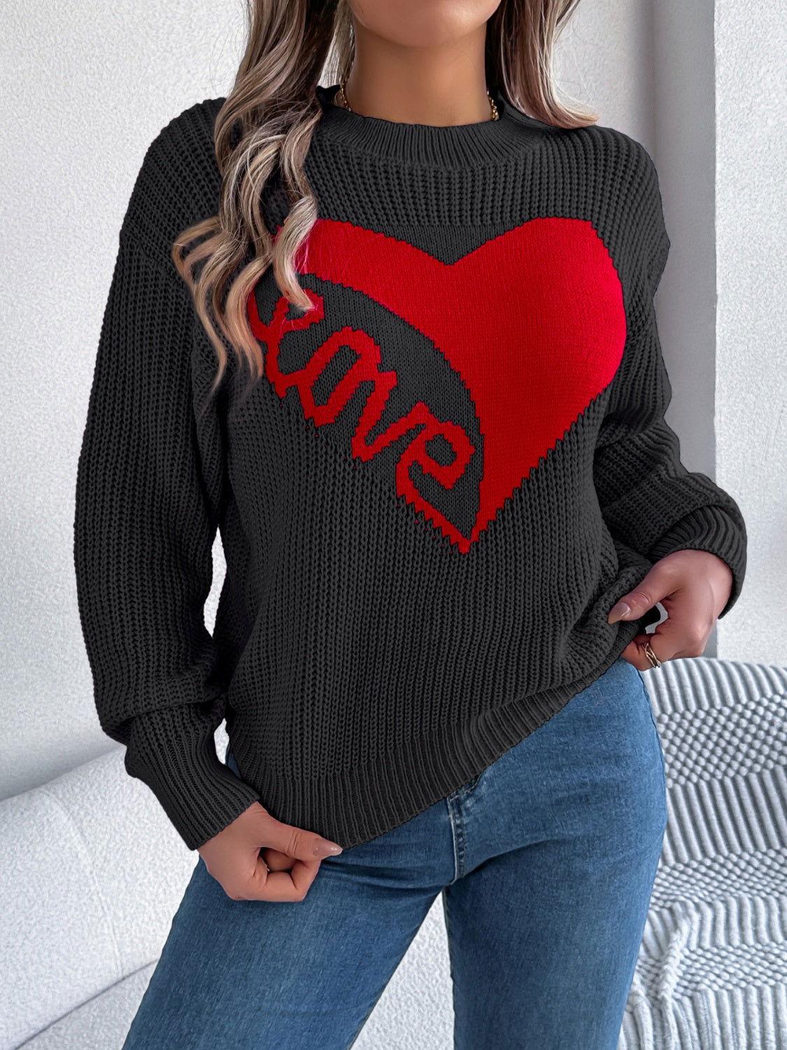 LOVE Heart Round Neck Dropped Shoulder Sweater - Clothes For Her Online Store