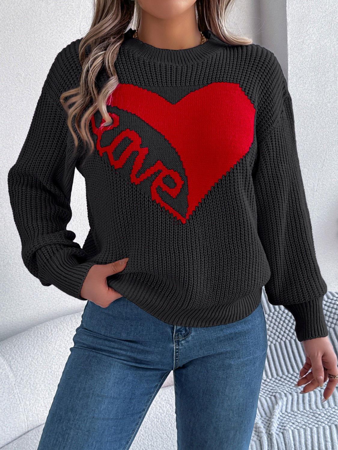 LOVE Heart Round Neck Dropped Shoulder Sweater - Clothes For Her Online Store