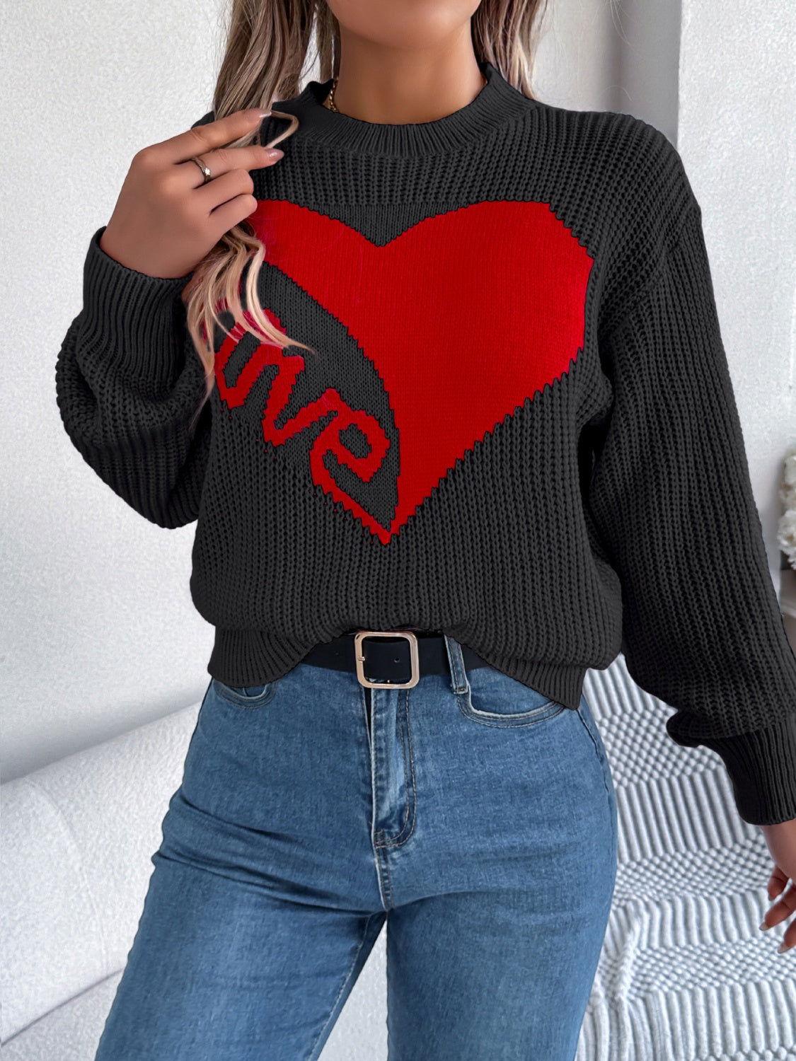 LOVE Heart Round Neck Dropped Shoulder Sweater - Clothes For Her Online Store