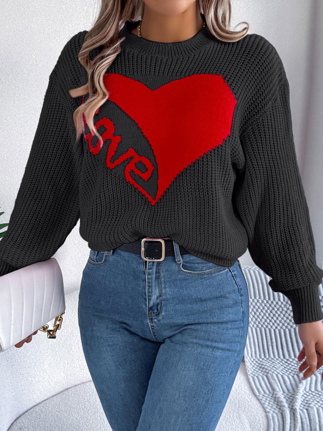 LOVE Heart Round Neck Dropped Shoulder Sweater - Clothes For Her Online Store