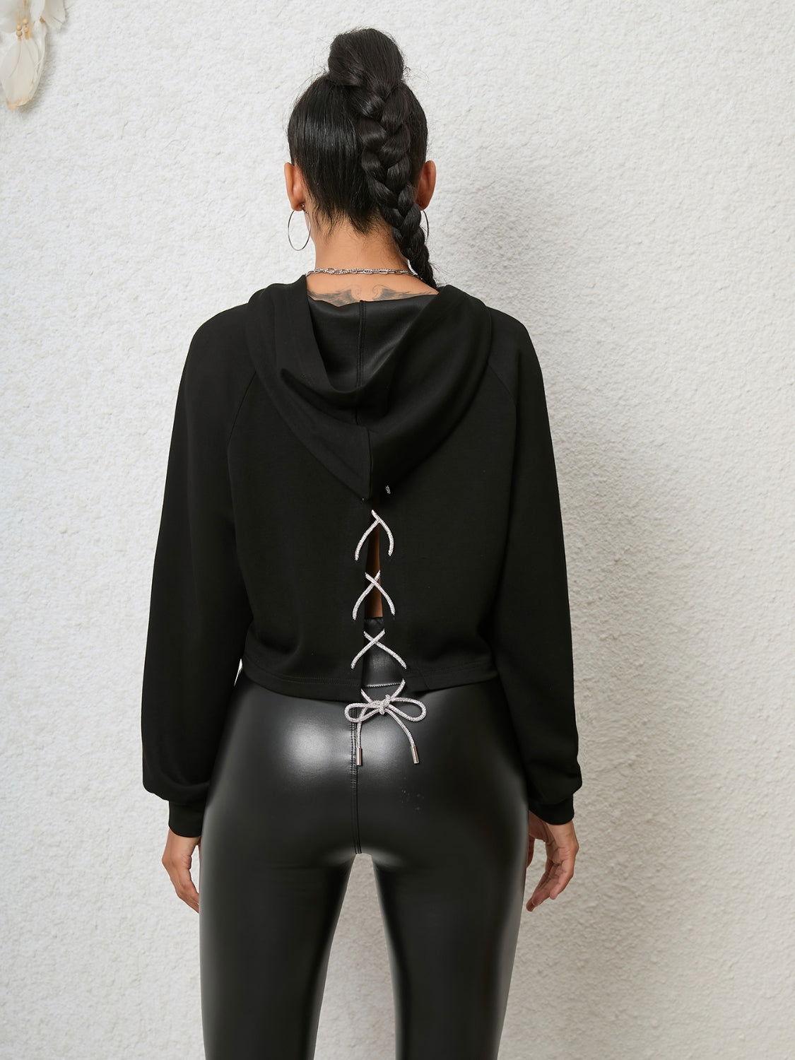 Lace-Up Long Sleeve Hoodie - Clothes For Her Online Store