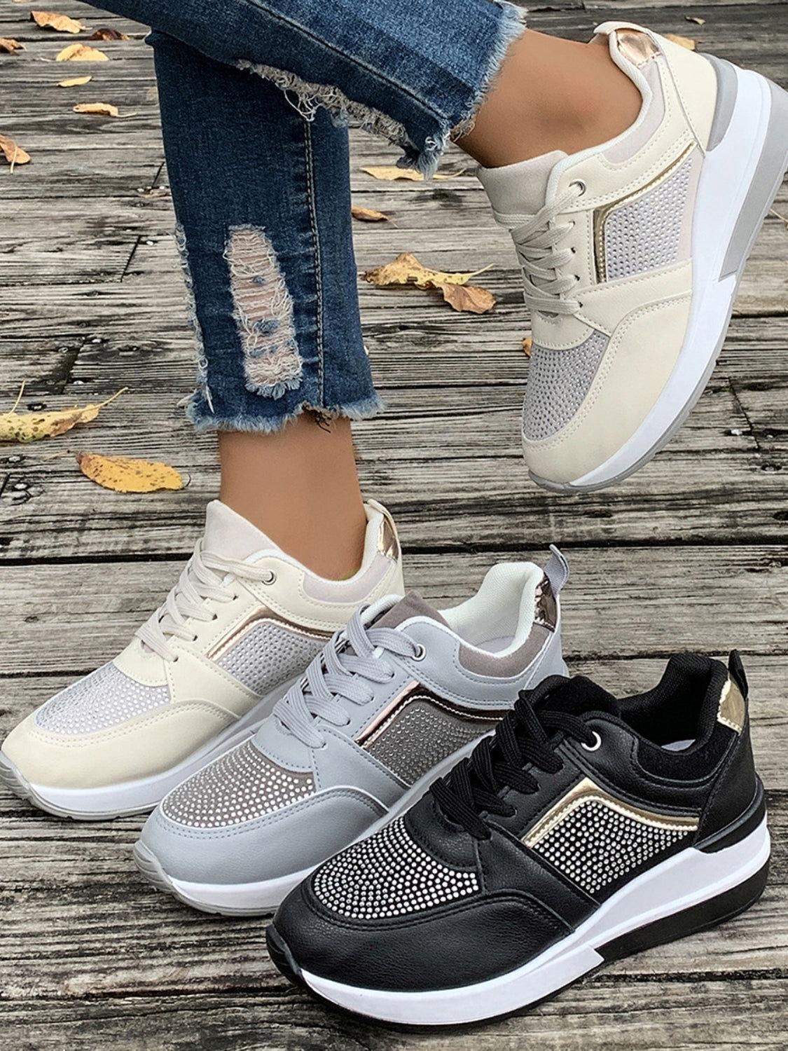 Lace-Up Rhinestone Wedge Sneakers - Clothes For Her Online Store