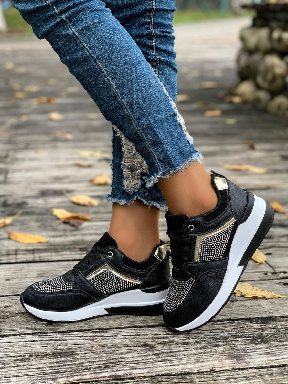 Lace-Up Rhinestone Wedge Sneakers - Clothes For Her Online Store