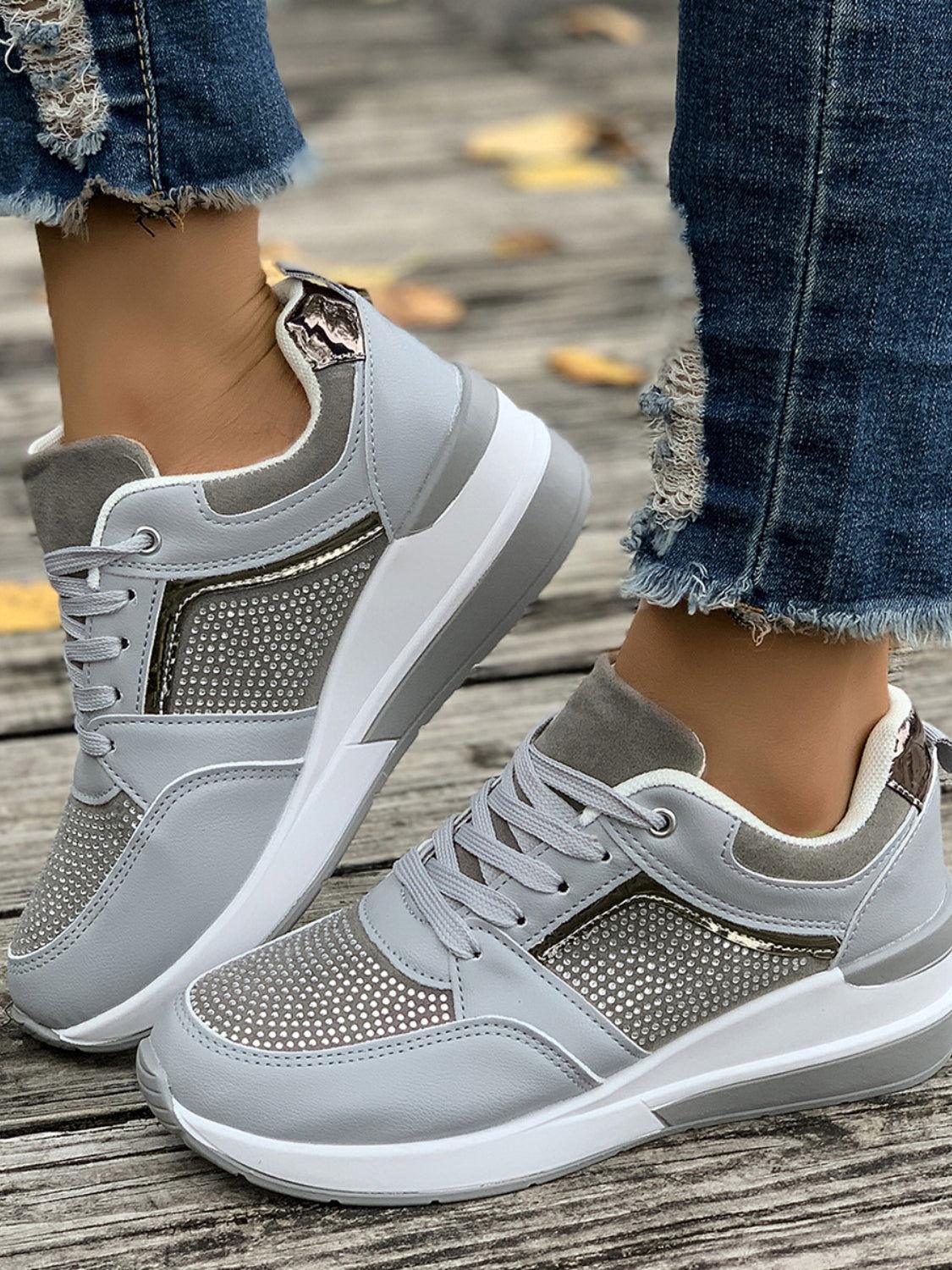 Lace-Up Rhinestone Wedge Sneakers - Clothes For Her Online Store