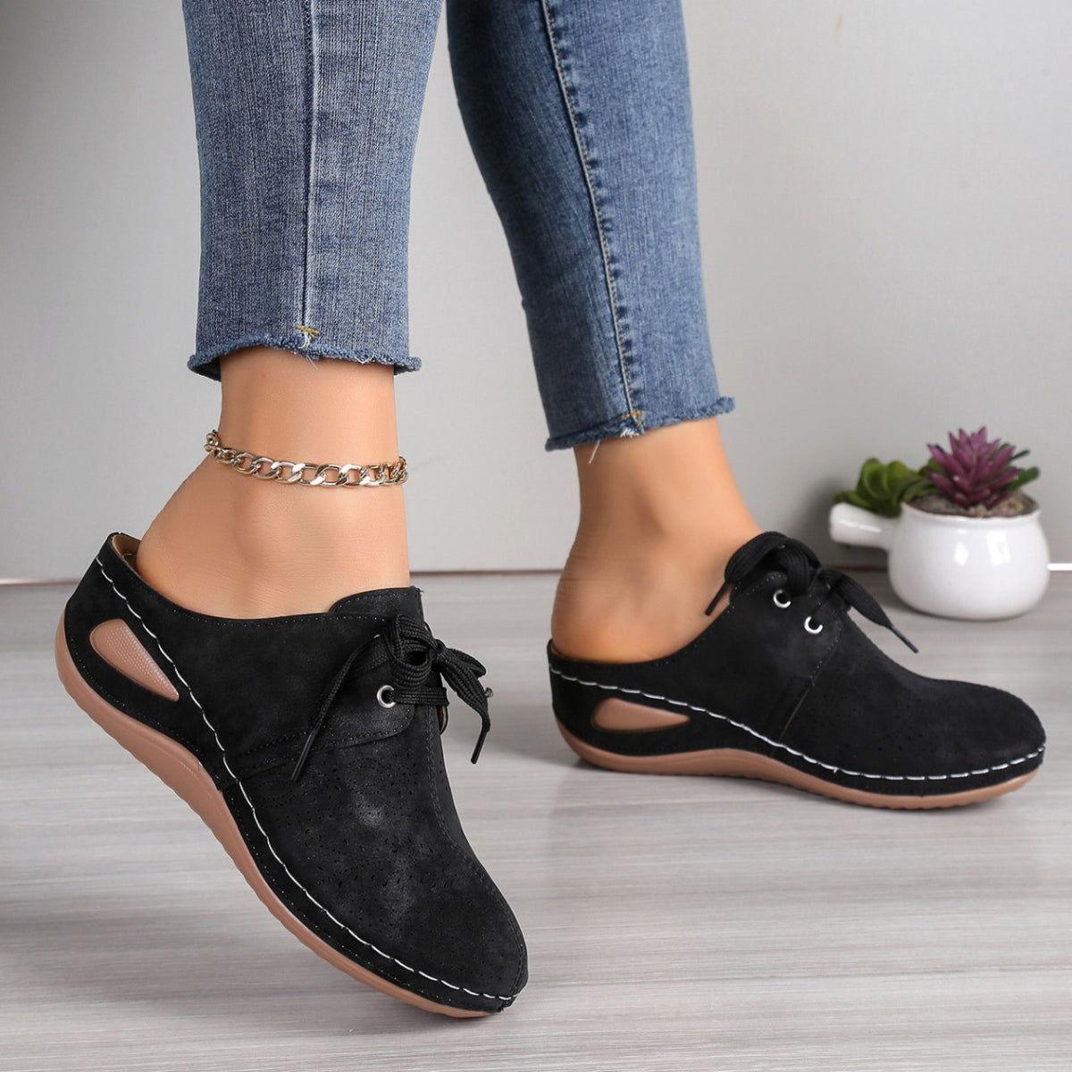 Lace-Up Round Toe Wedge Sandals - Clothes For Her Online Store