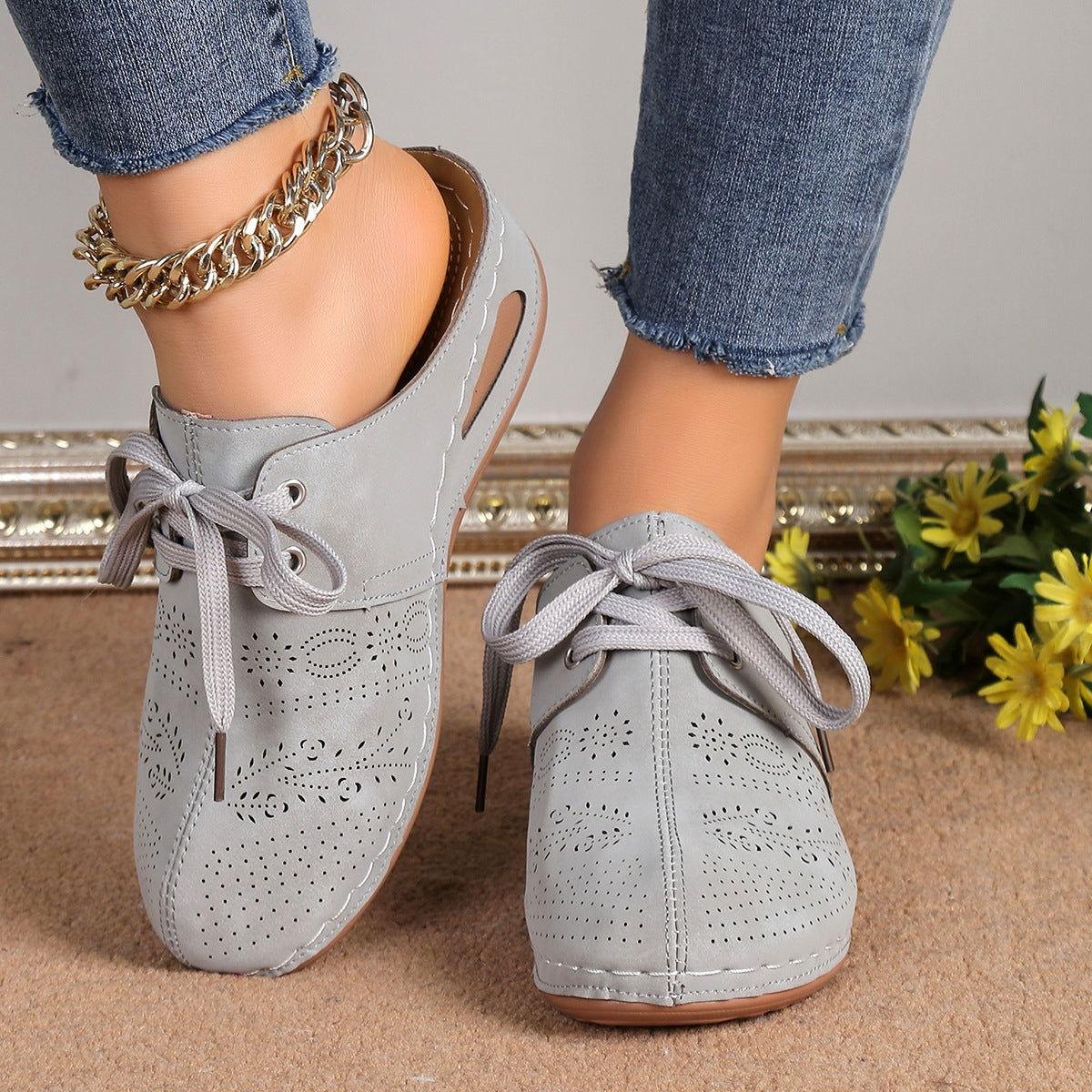 Lace-Up Round Toe Wedge Sandals - Clothes For Her Online Store