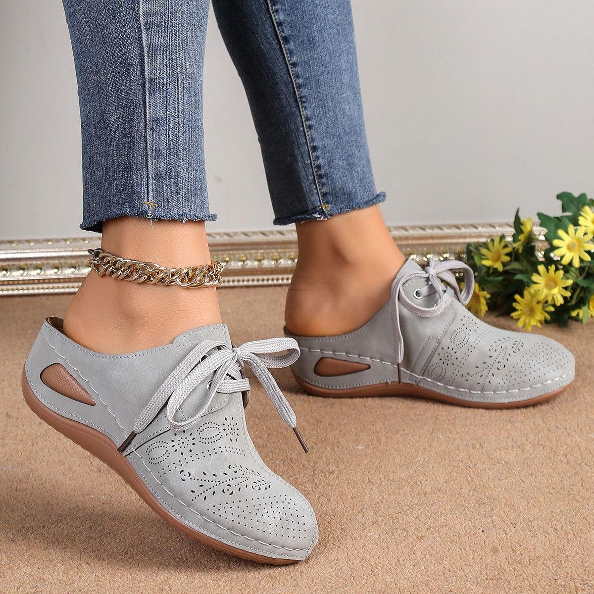 Lace-Up Round Toe Wedge Sandals - Clothes For Her Online Store