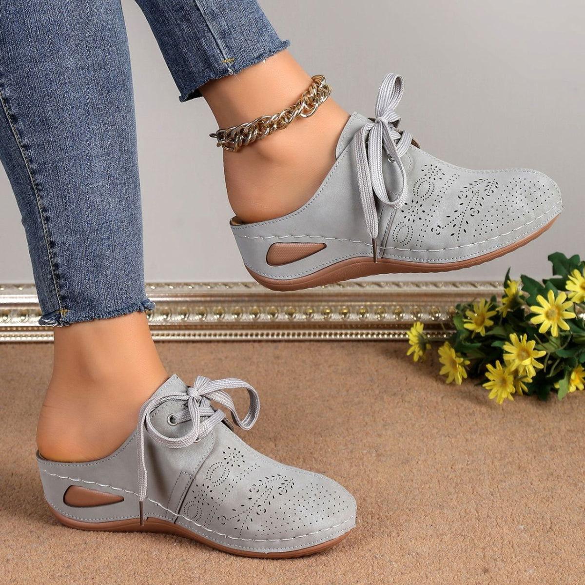 Lace-Up Round Toe Wedge Sandals - Clothes For Her Online Store