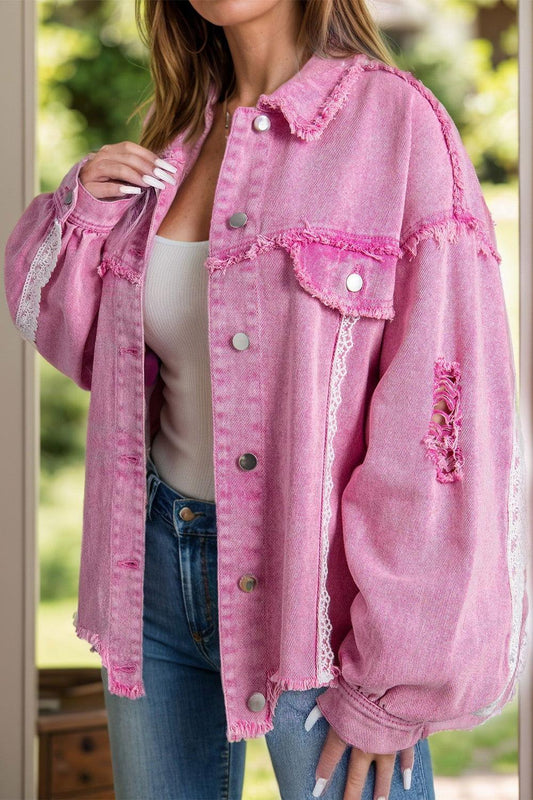Lace Detail Distressed Raw Hem Long Sleeve Denim Jacket - Clothes For Her Online Store