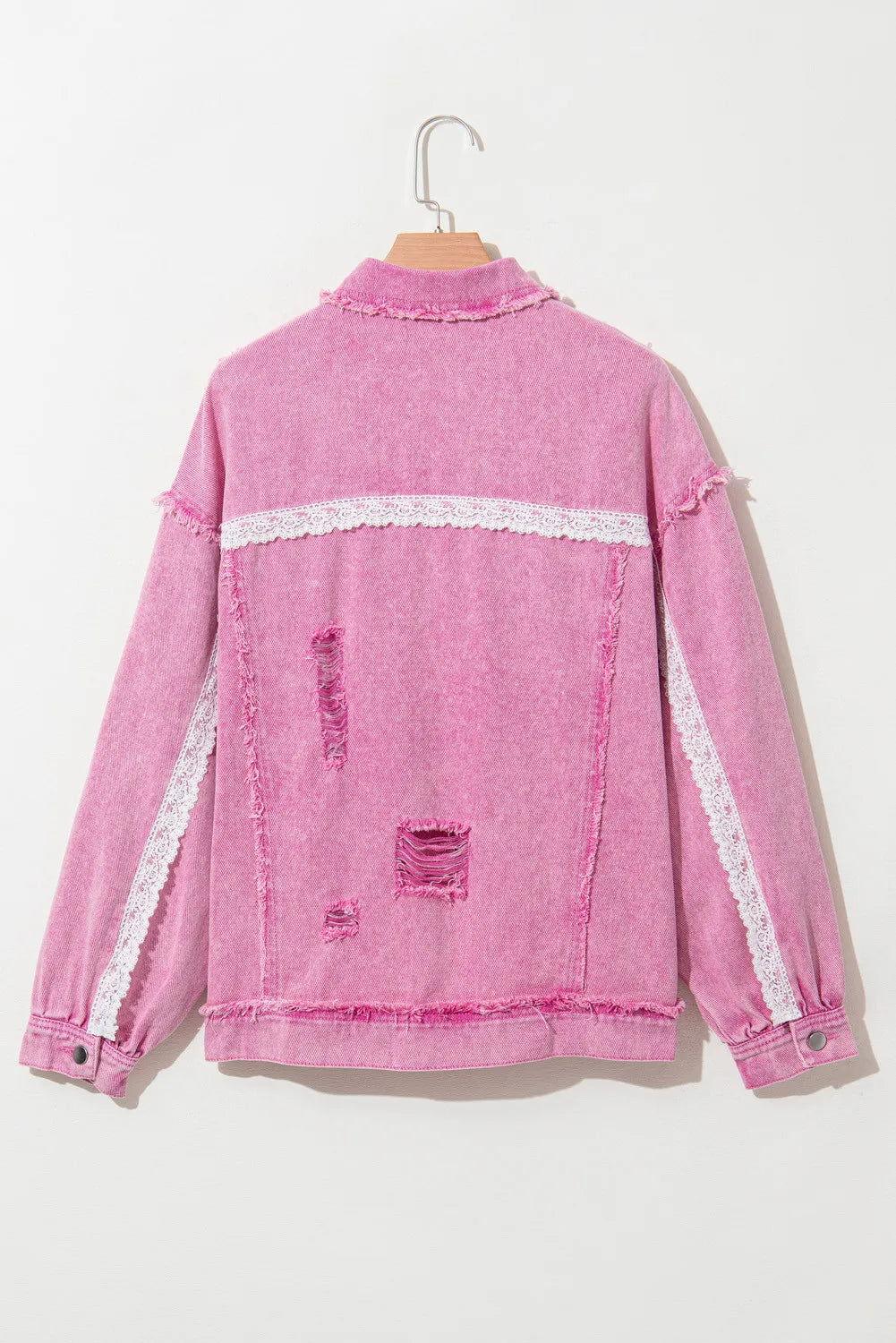 Lace Detail Distressed Raw Hem Long Sleeve Denim Jacket - Clothes For Her Online Store