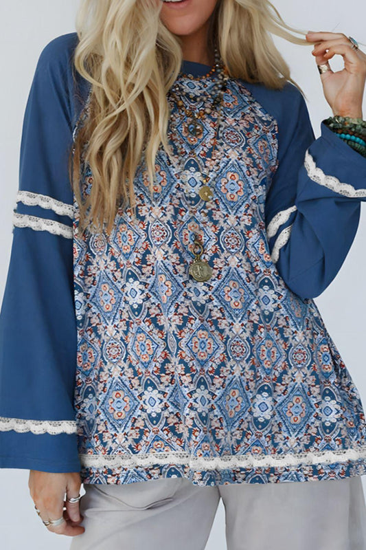Lace Detail Geometric Round Neck Long Sleeve Top - Clothes For Her Online Store