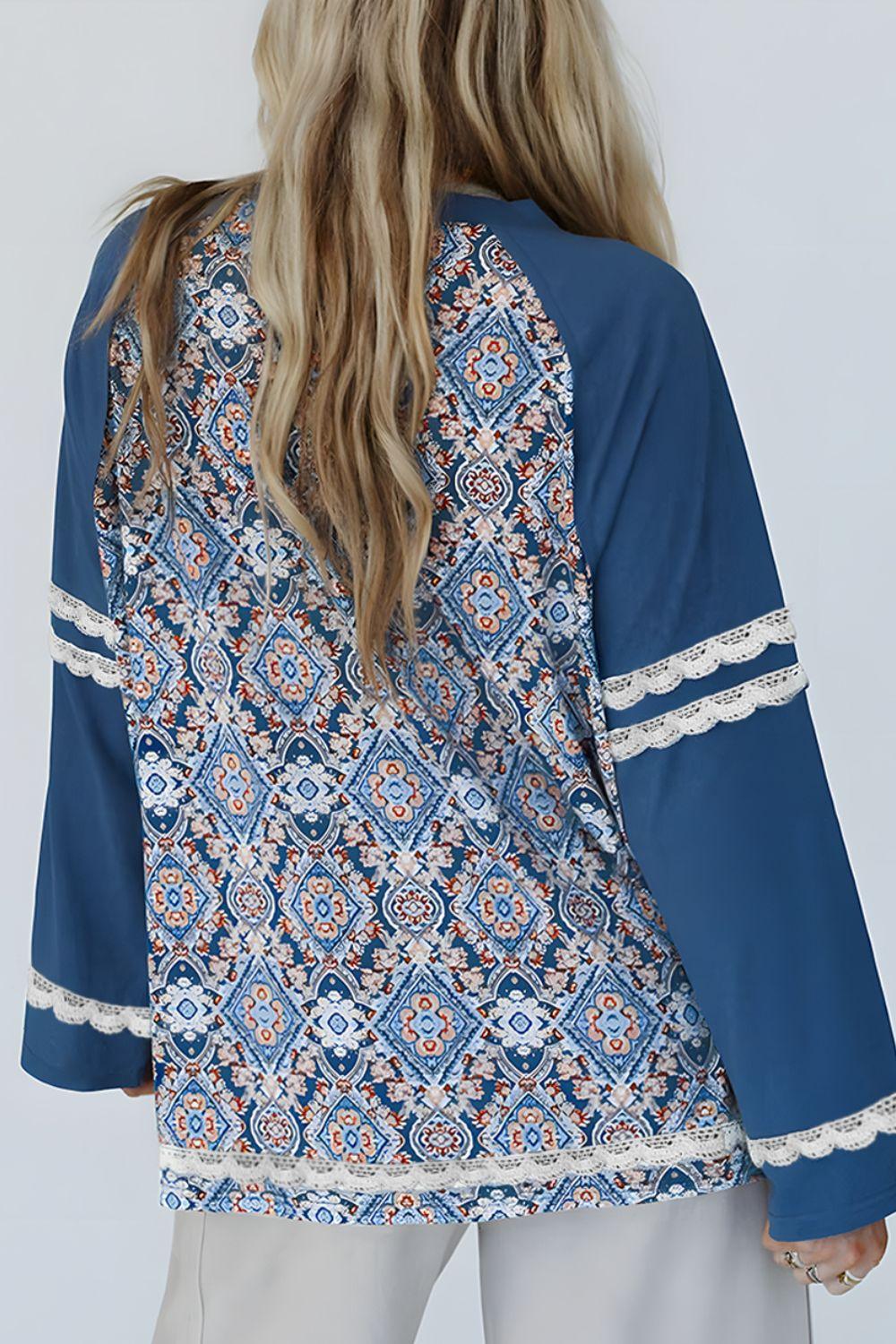 Lace Detail Geometric Round Neck Long Sleeve Top - Clothes For Her Online Store
