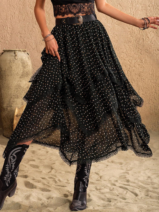 Lace Detail Layered Midi Skirt - Clothes For Her Online Store