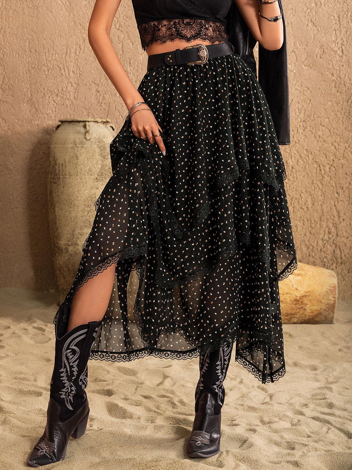 Lace Detail Layered Midi Skirt - Clothes For Her Online Store
