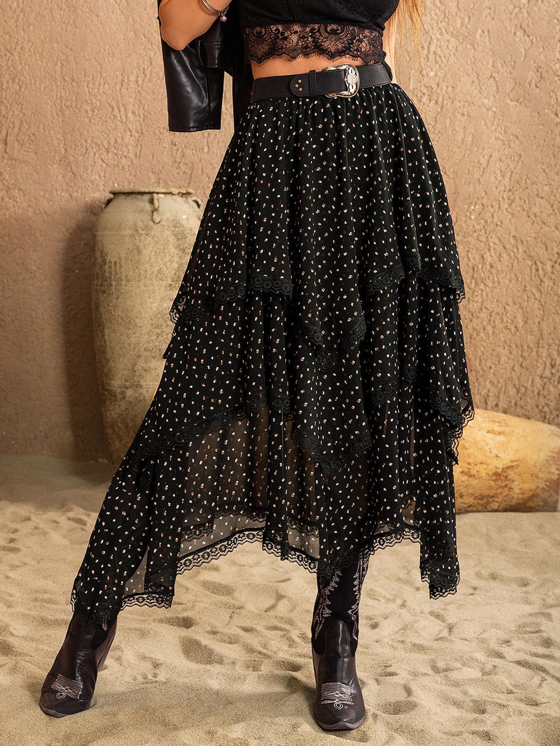 Lace Detail Layered Midi Skirt - Clothes For Her Online Store