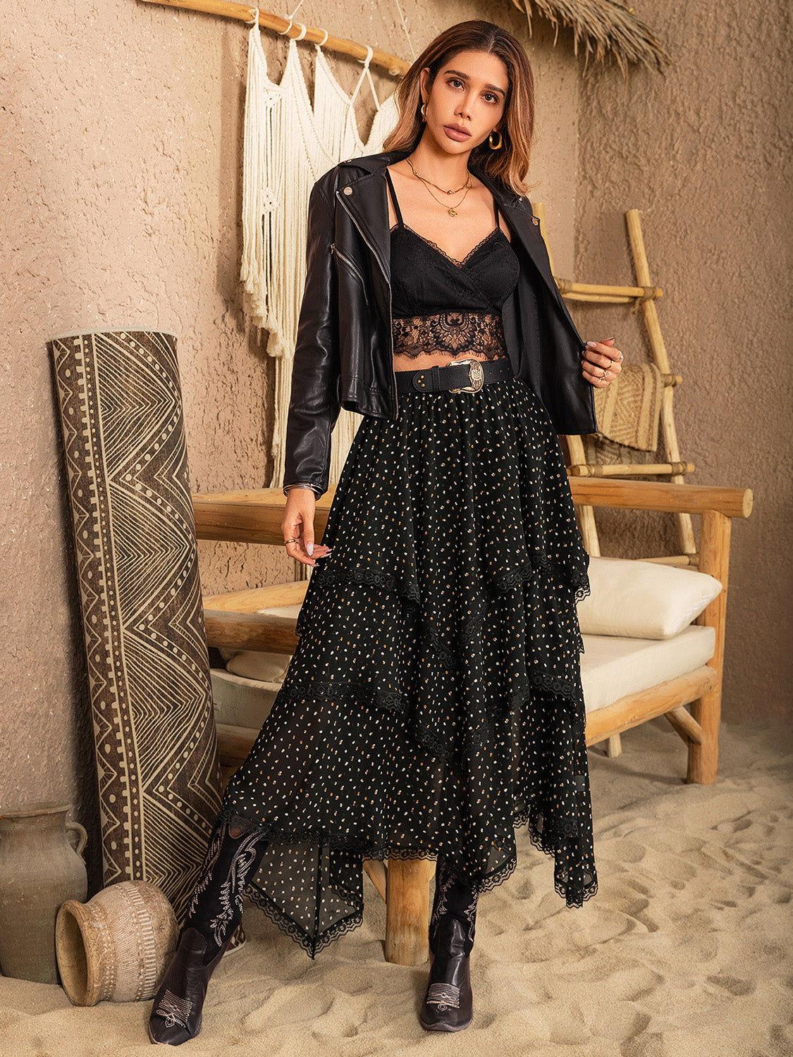 Lace Detail Layered Midi Skirt - Clothes For Her Online Store
