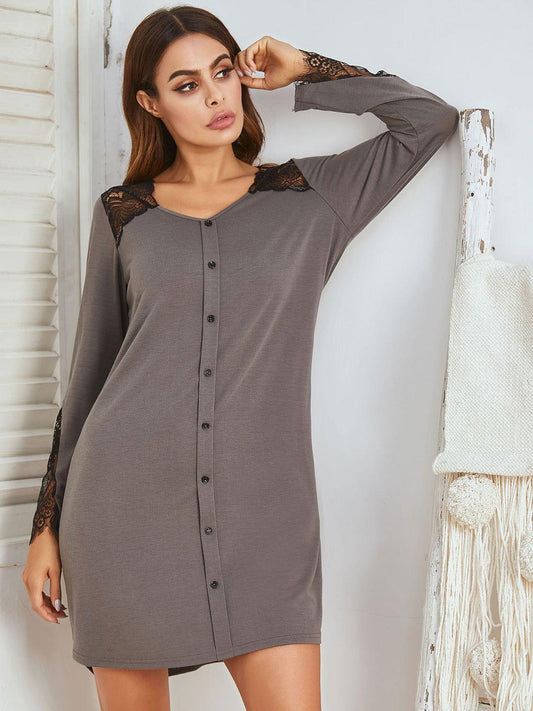Lace Detail Long Sleeve Mini Lounge Dress - Clothes For Her Online Store