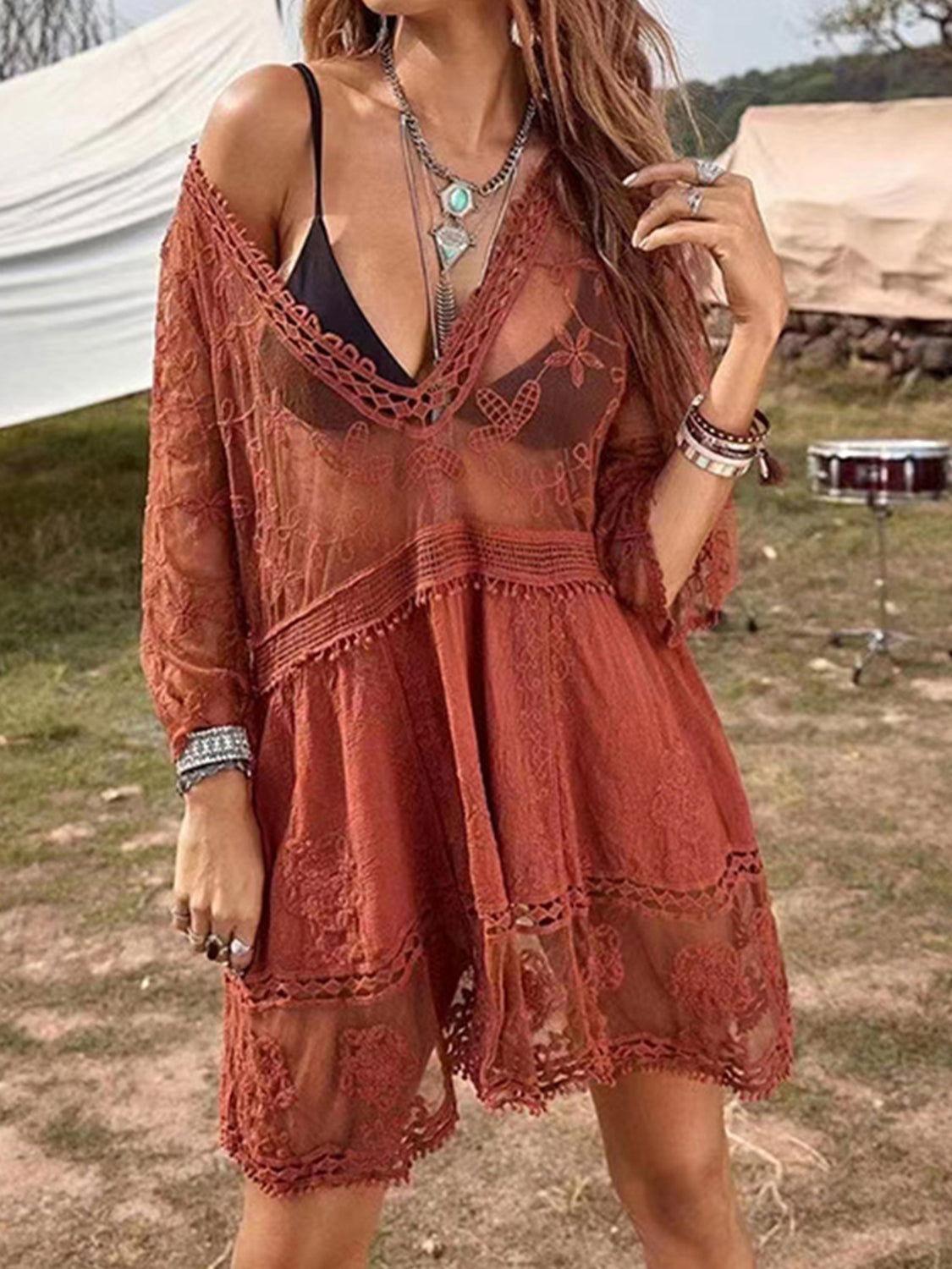 Lace Detail Plunge Cover-Up Dress - Clothes For Her Online Store